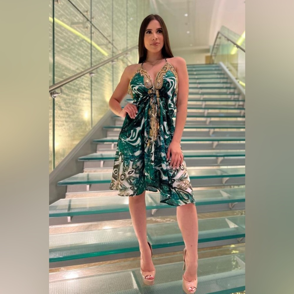 Embellished Emerald Marble Mini Dress S/M